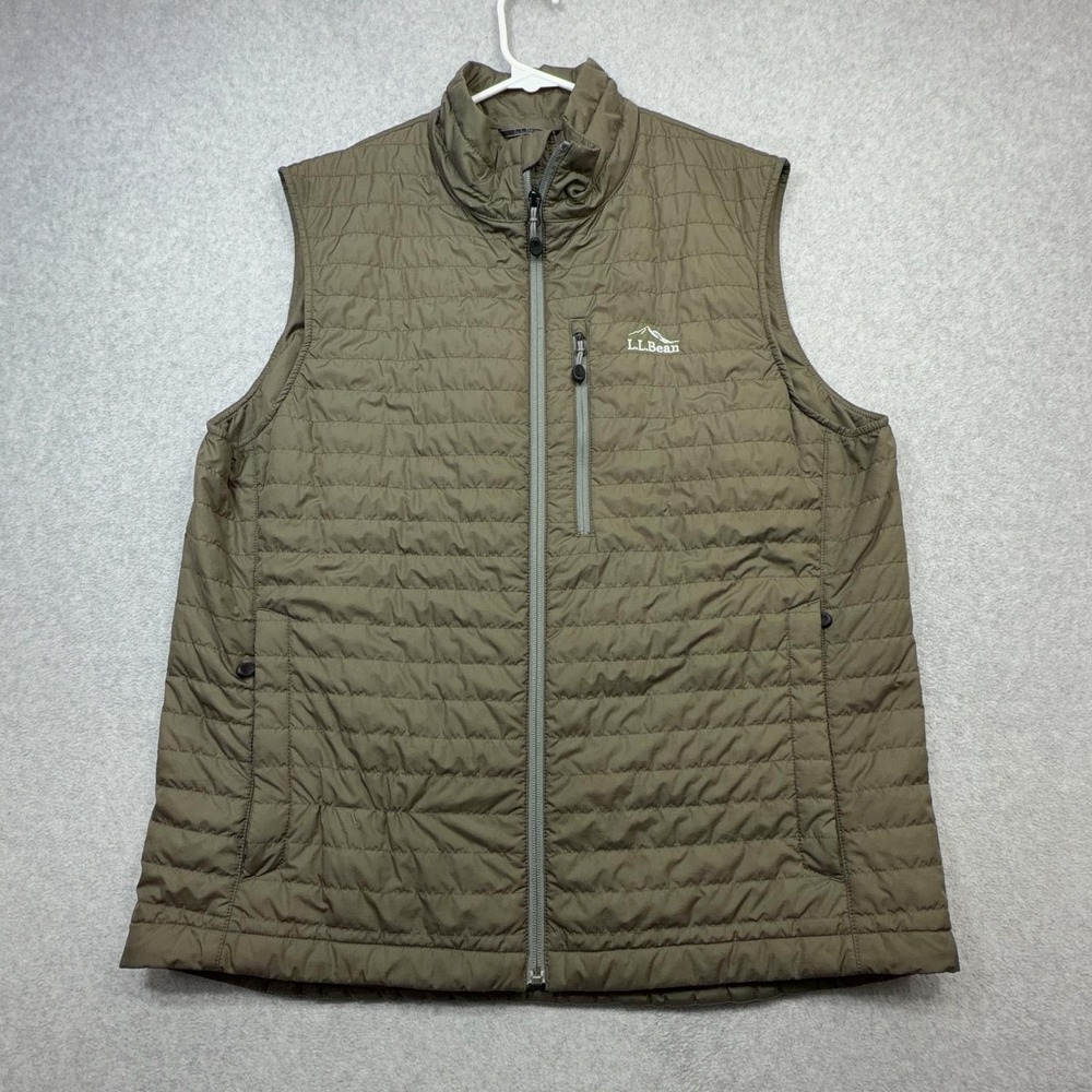 LL Bean Vest Mens Large Green Quilted PrimaLoft Full Zip Hiking Outdoor Casual